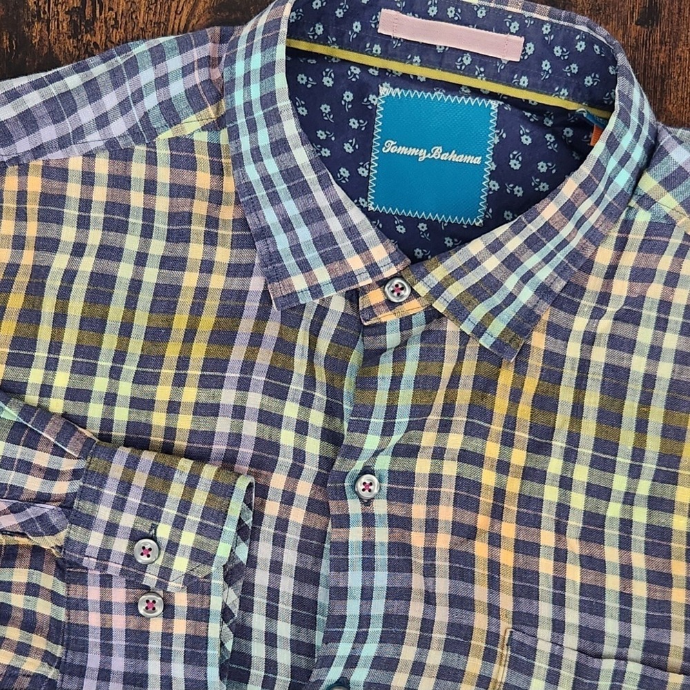 Tommy Bahama Relax Multicolor‎ Checked 100% Linen Long Sleeve L Large